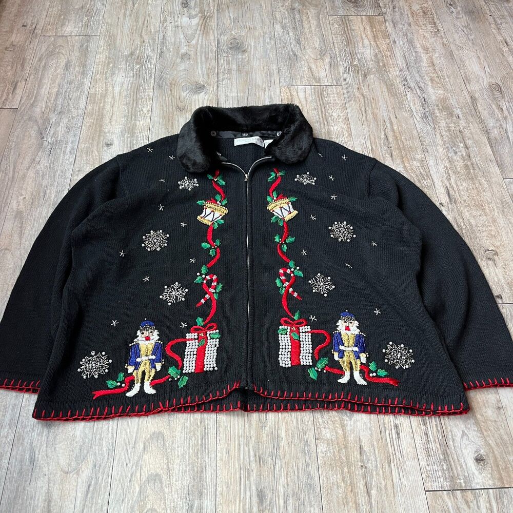 Vintage Ugly Christmas Sweater Women's 2XL Embroidered Fur Collar Nutcracker